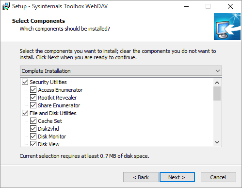 Sysinternals Toolbox Setup screen – WebDAV installer for Microsoft Sysinternals